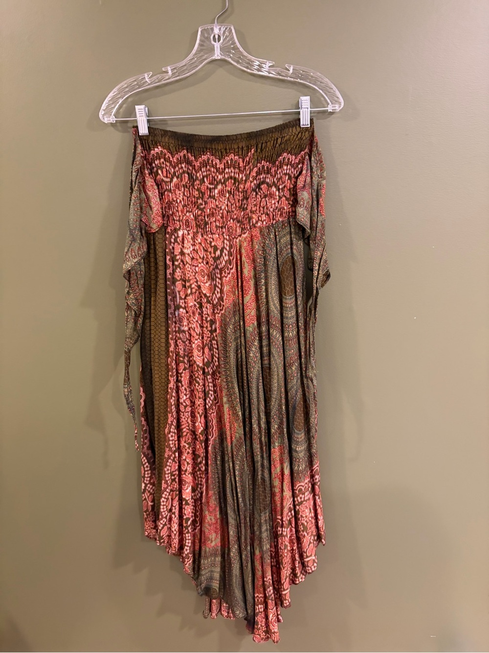 Asymmetrical Smocked Waist Maxi Skirt in Pink and Olive